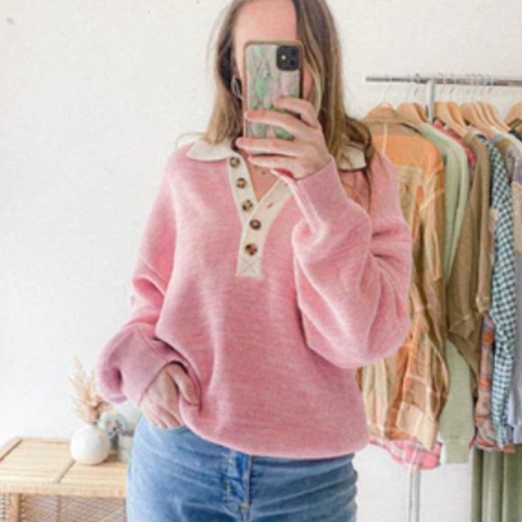 BDG Rugby Sweater Oversized Knit Collard Half Button Bubblegum Pink SZ XS - Picture 4 of 16